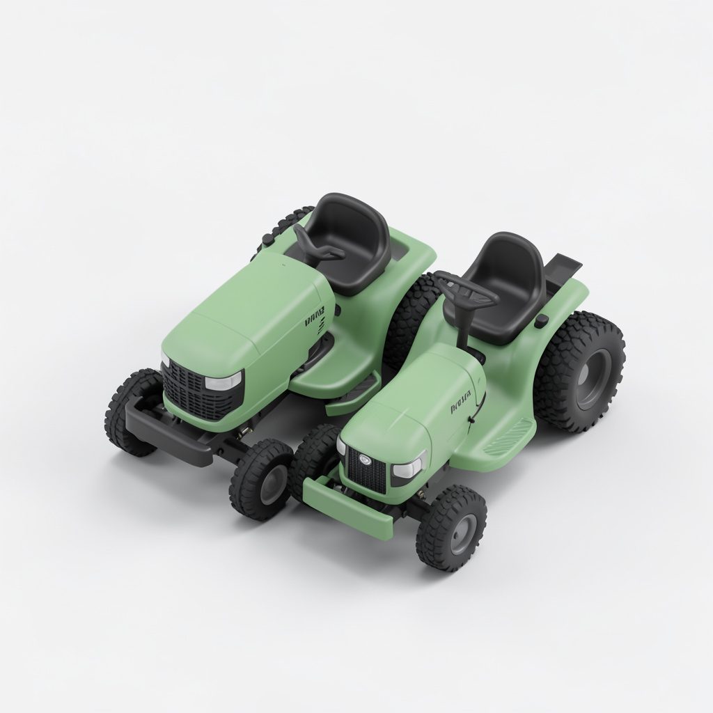 A green lawn tractor parked on fresh grass under a bright sky