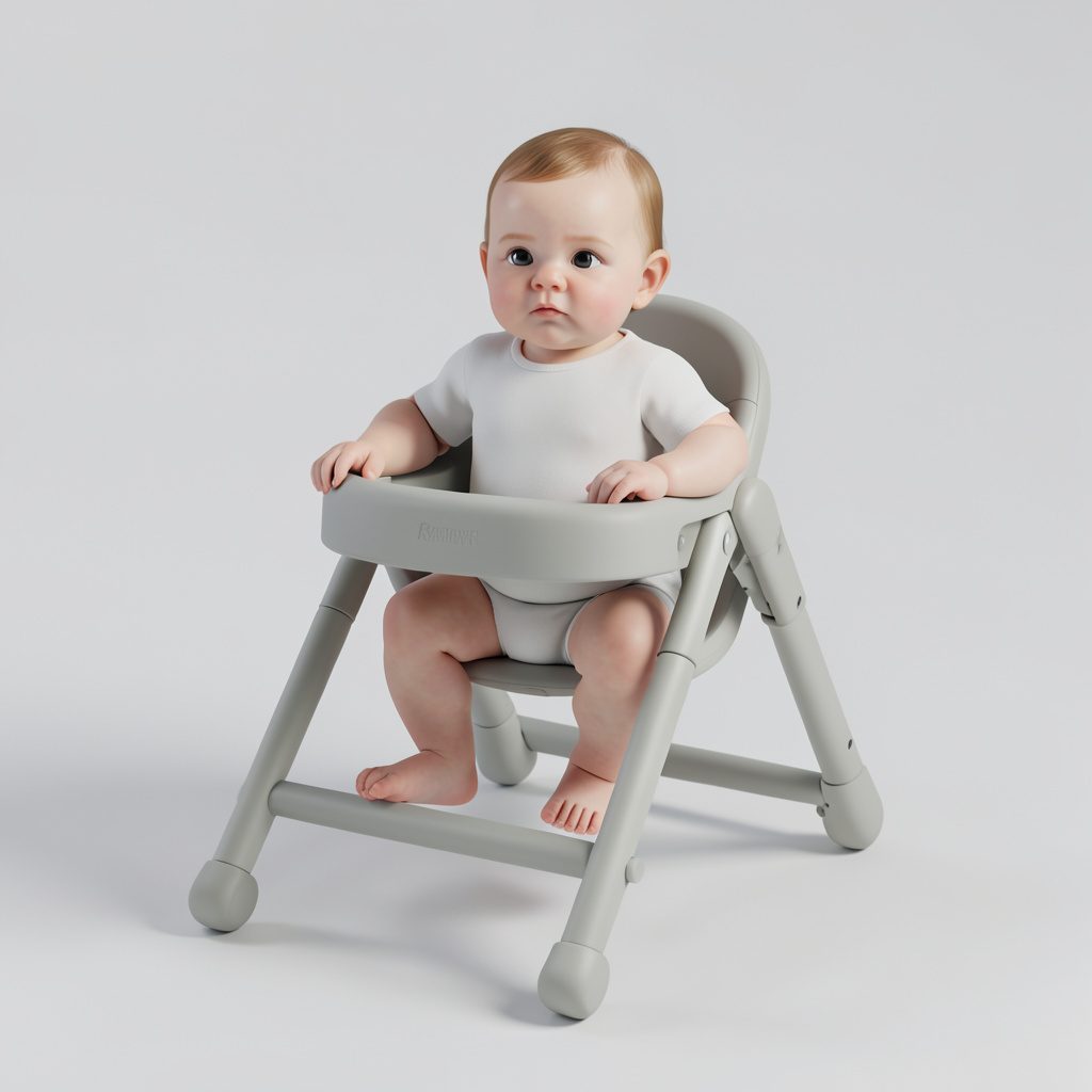 A baby in a walker on a wooden floor, soft daylight from a nearby window, gentle and tender