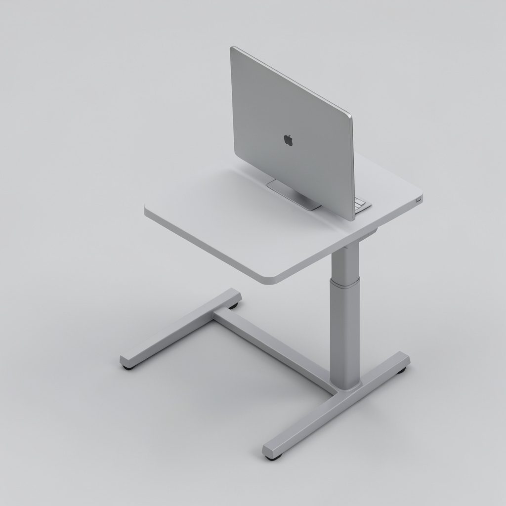 A modern standing desk workspace with a laptop and notebook, clean and minimal
